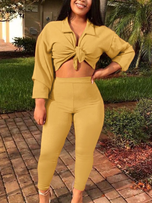 

lovely Stylish Turndown Collar Knot Design Yellow Two Piece Pants Set
