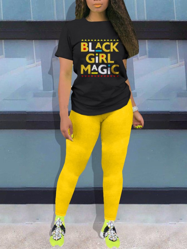 

lovely Casual O Neck Letter Print Yellow Two Piece Pants Set