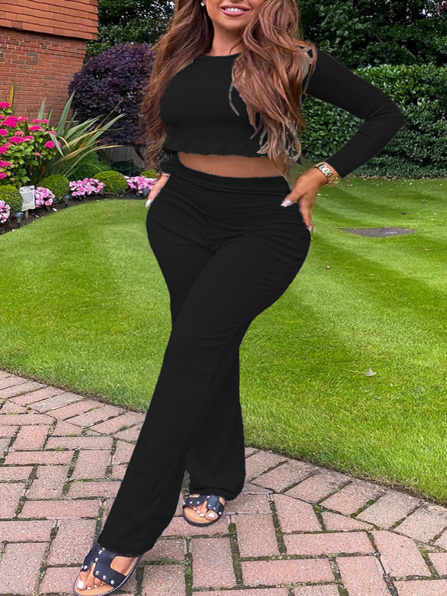 

lovely Casual O Neck Skinny Black Two-piece Pants Set