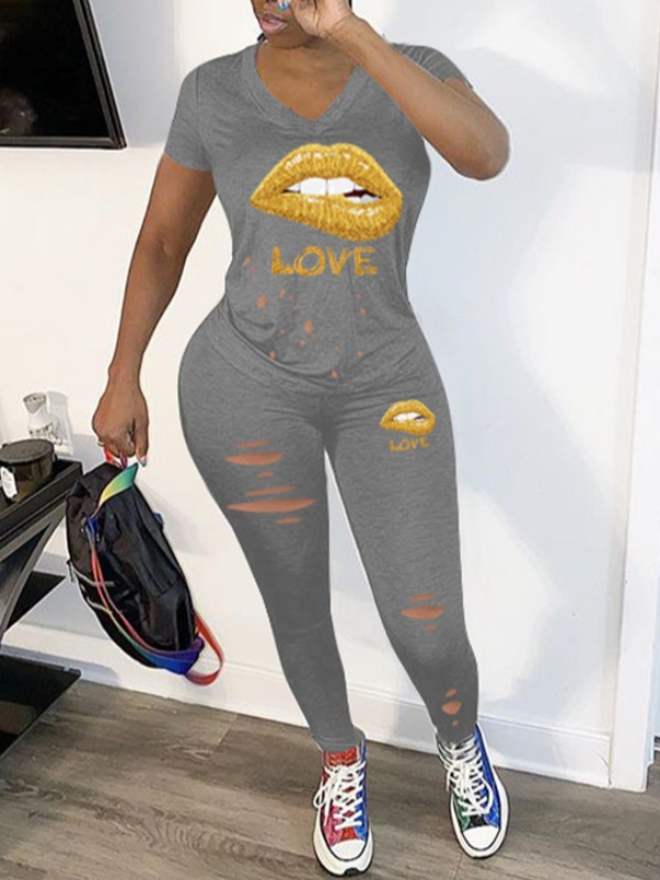 

lovely Leisure Lip Print Grey Two Piece Pants Set