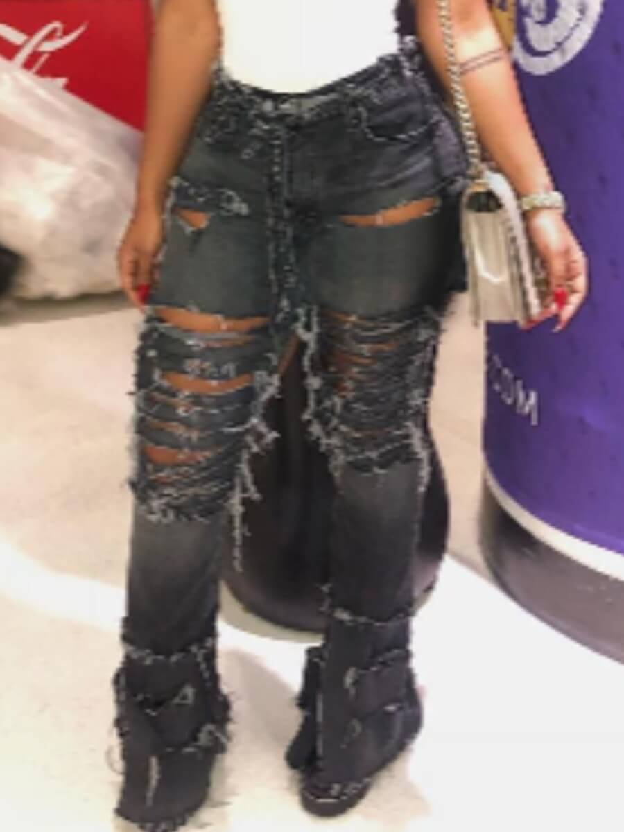 

LW Casual Broken Holes Pitch-black Jeans