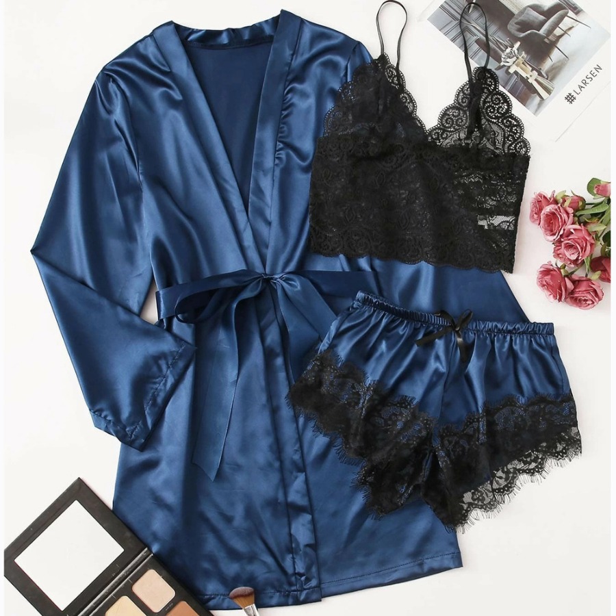 

lovely Cosy Lace Patchwork Navy Blue Sleepwear