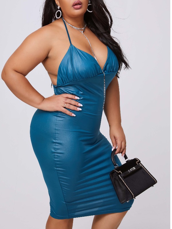 

lovely Stylish Backless Blue Mid Calf Plus Size Dress