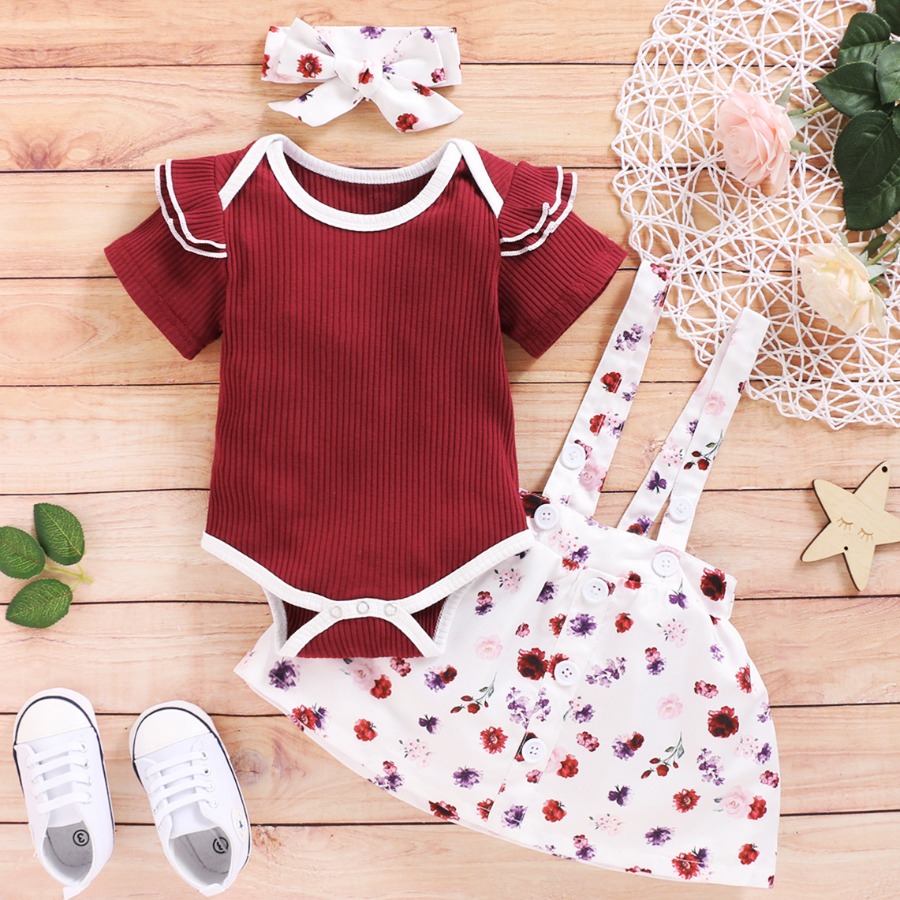 

lovely Stylish Floral Print Red Girl Two-piece Skirt Set