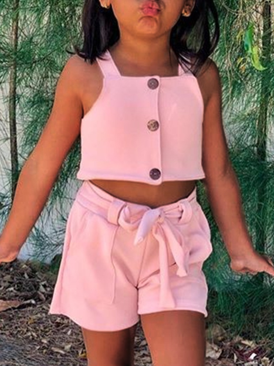 

lovely Casual Buttons Design Pink Girl Two-piece Shorts Set