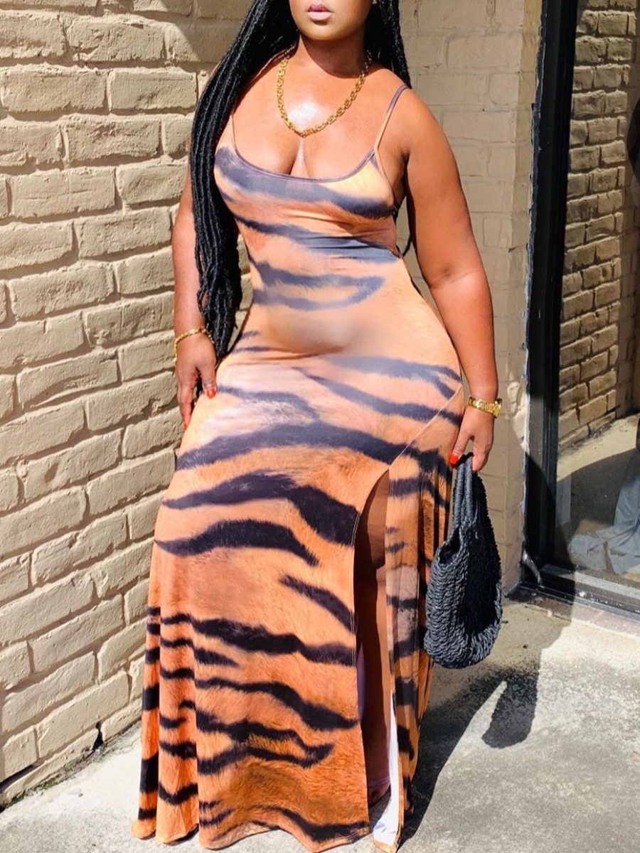 

lovely Stylish Spaghetti Strap Print Brown Maxi Dress