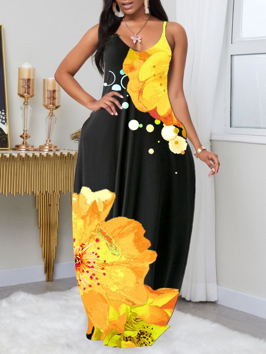 

lovely Casual U Neck Print Yellow Maxi Dress