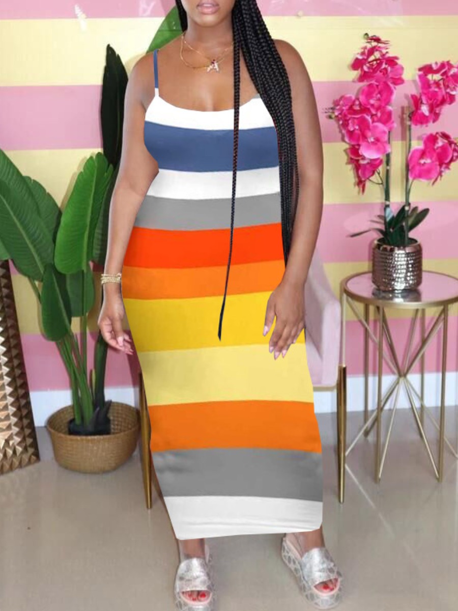 

lovely Trendy Rainbow Striped Multicolor Ankle Length Dress, Multicolor stripe