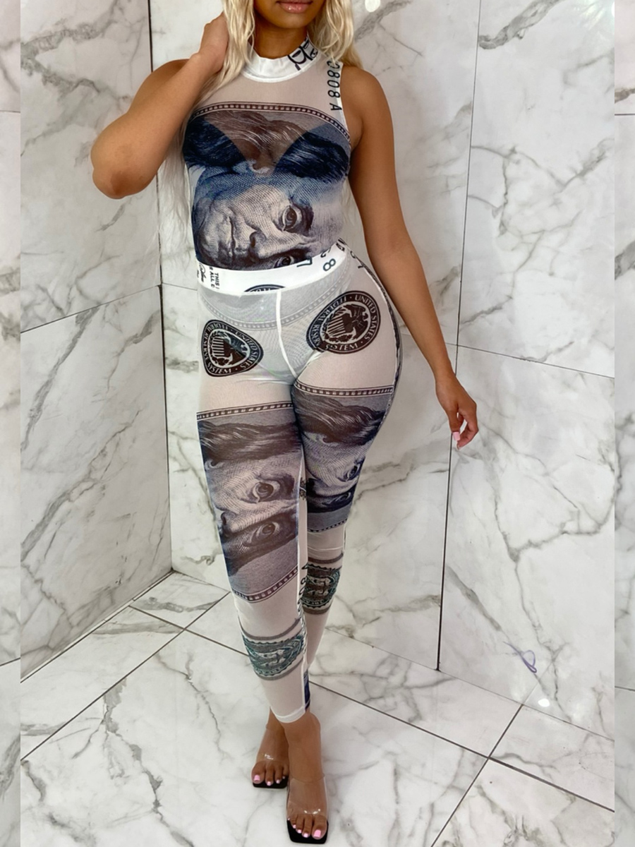 

lovely Sportswear Print Skinny White Two Piece Pants Set