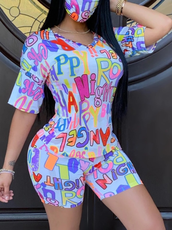

lovely Casual O Neck Letter Print White Two Piece Shorts Set