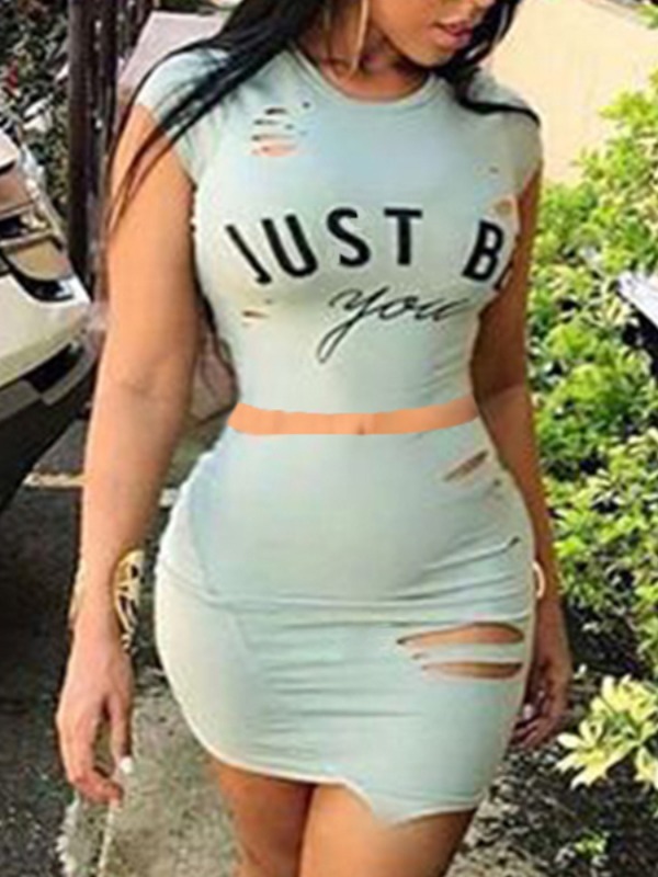 

lovely Casual O Neck Letter Print Light Green Two Piece Skirt Set