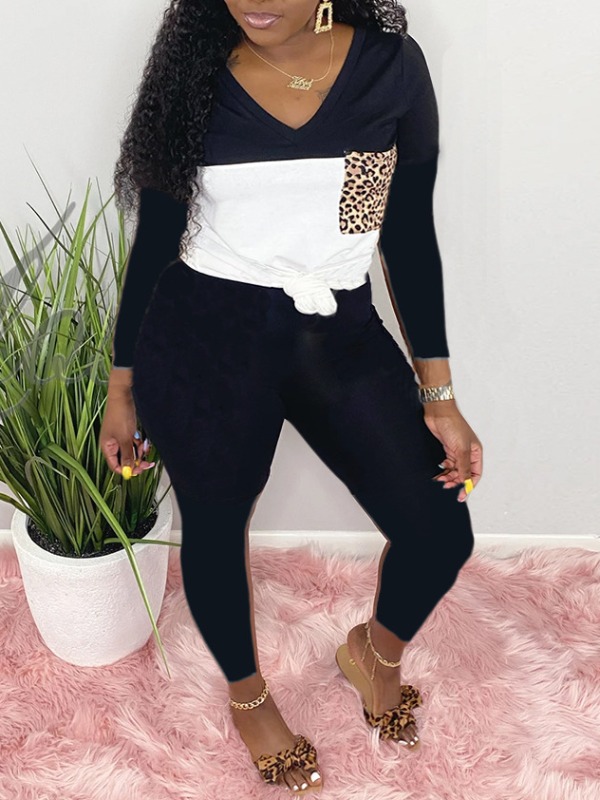 

lovely Casual V Neck Patchwork Black Two Piece Pants Set