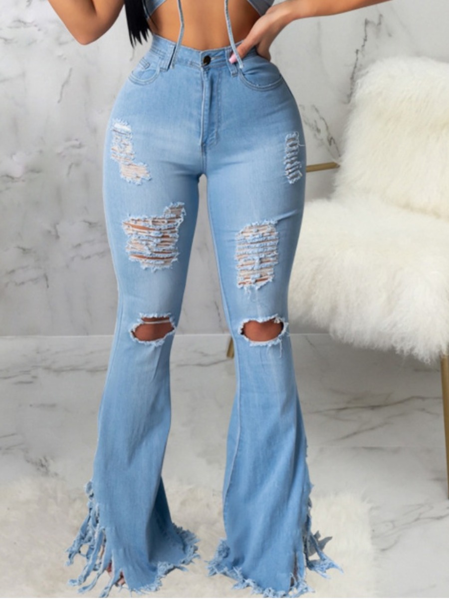 

lovely Trendy Broken Holes Baby Blue Jeans