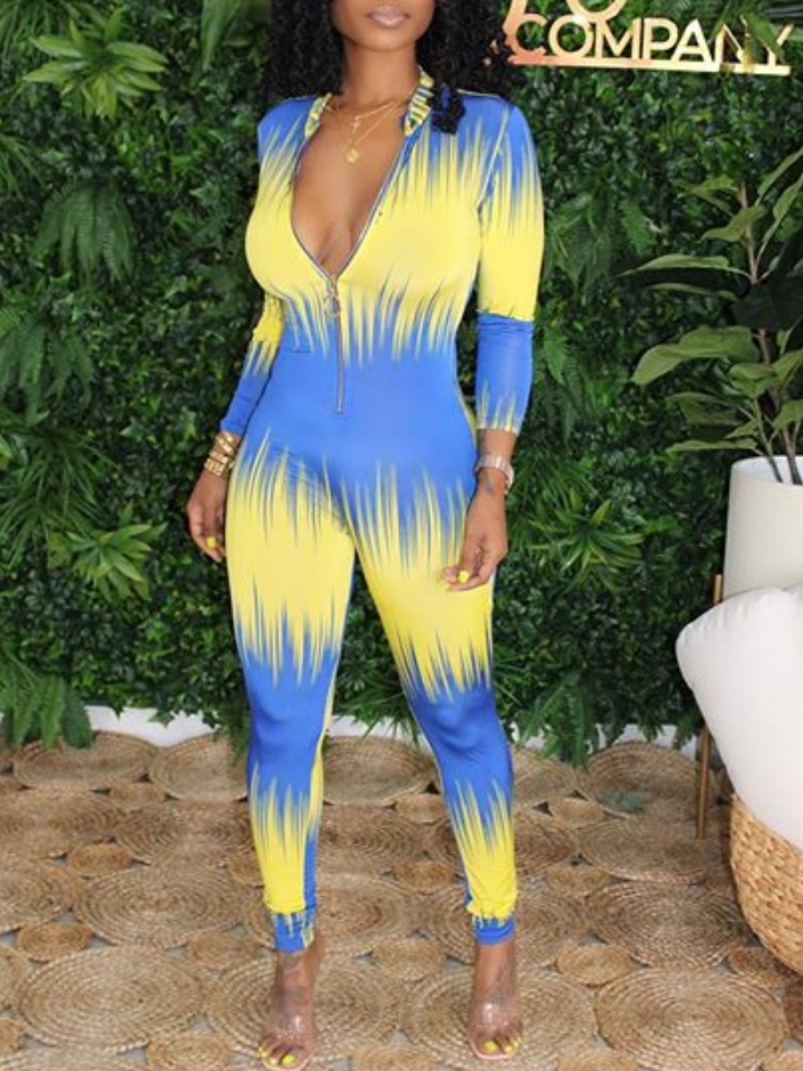 

lovely Trendy Tie-dye Zipper Design Blue One-piece Jumpsuit