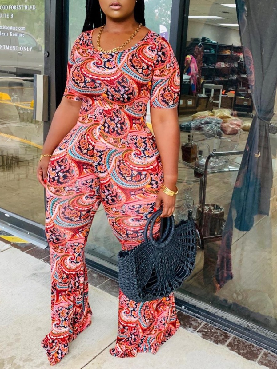 

Lovely Stylish O Neck Print Red One-piece Jumpsuit
