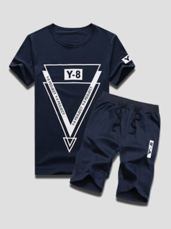 

Men Lovely Sportswear O Neck Print Deep Blue Two-piece Shorts Set