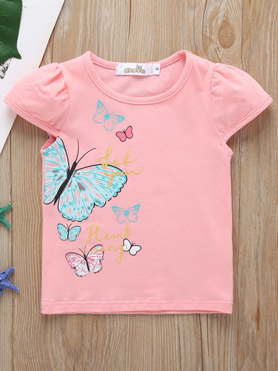 

lovely Casual O Neck Butterfly Print Pink Girl T-shirt