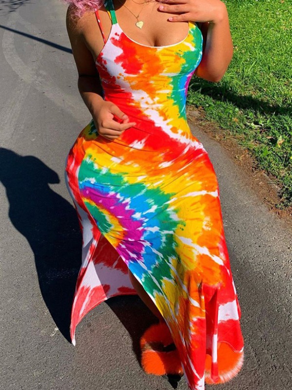 

Lovely Bohemian Tie-dye Multicolor Ankle Length Plus Size Dress, Multi