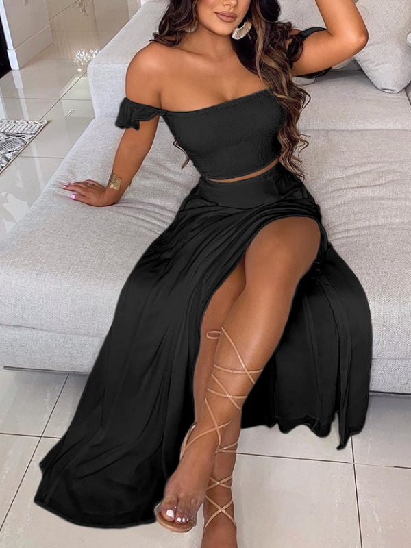 

lovely Sexy Dew Shoulder Side High Slit Black Two Piece Skirt Set