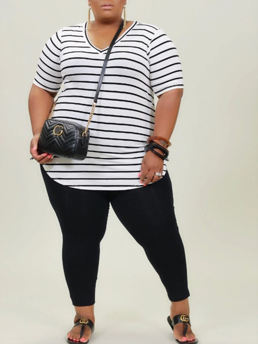 

lovely Casual V Neck Striped White Plus Size Two-piece Pants Set