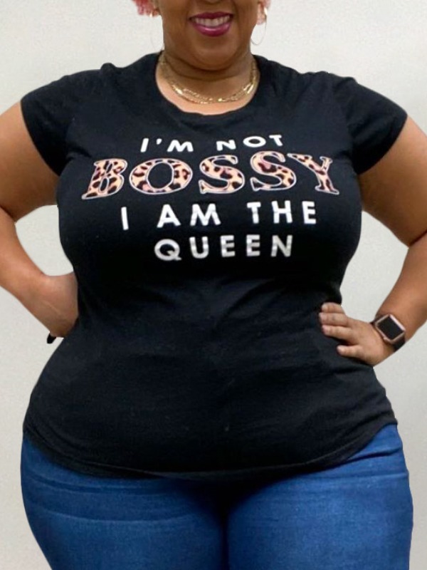 

lovely Casual O Neck Letter Print Black Plus Size T-shirt