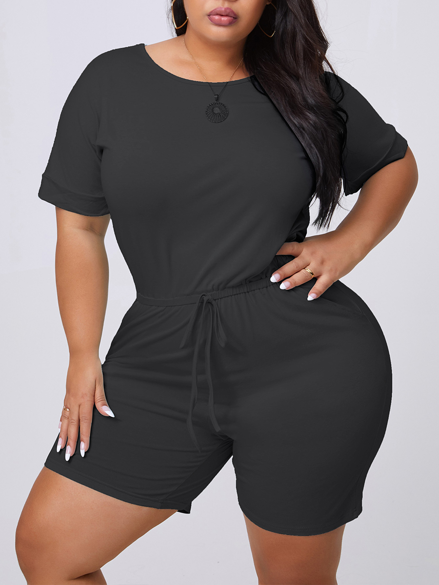 

lovely Leisure O Neck Drawstring Grey Plus Size One-piece Romper