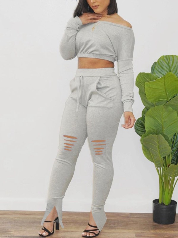 

lovely Casual O Neck Lace-up Hollow-out Light Grey Two Piece Pants Set