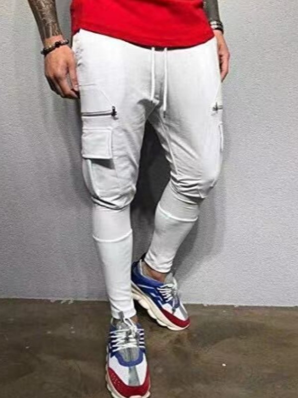 

lovely Sportswear Drawstring Pocket Patched White Pants