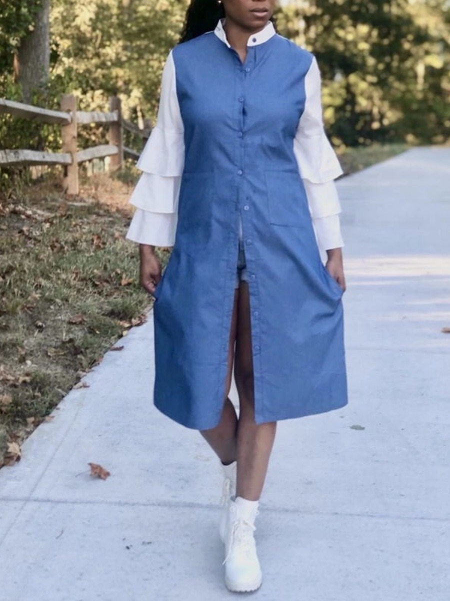 

lovely Euramerican Letter Print Patchwork Blue Mid Calf Denim Dress