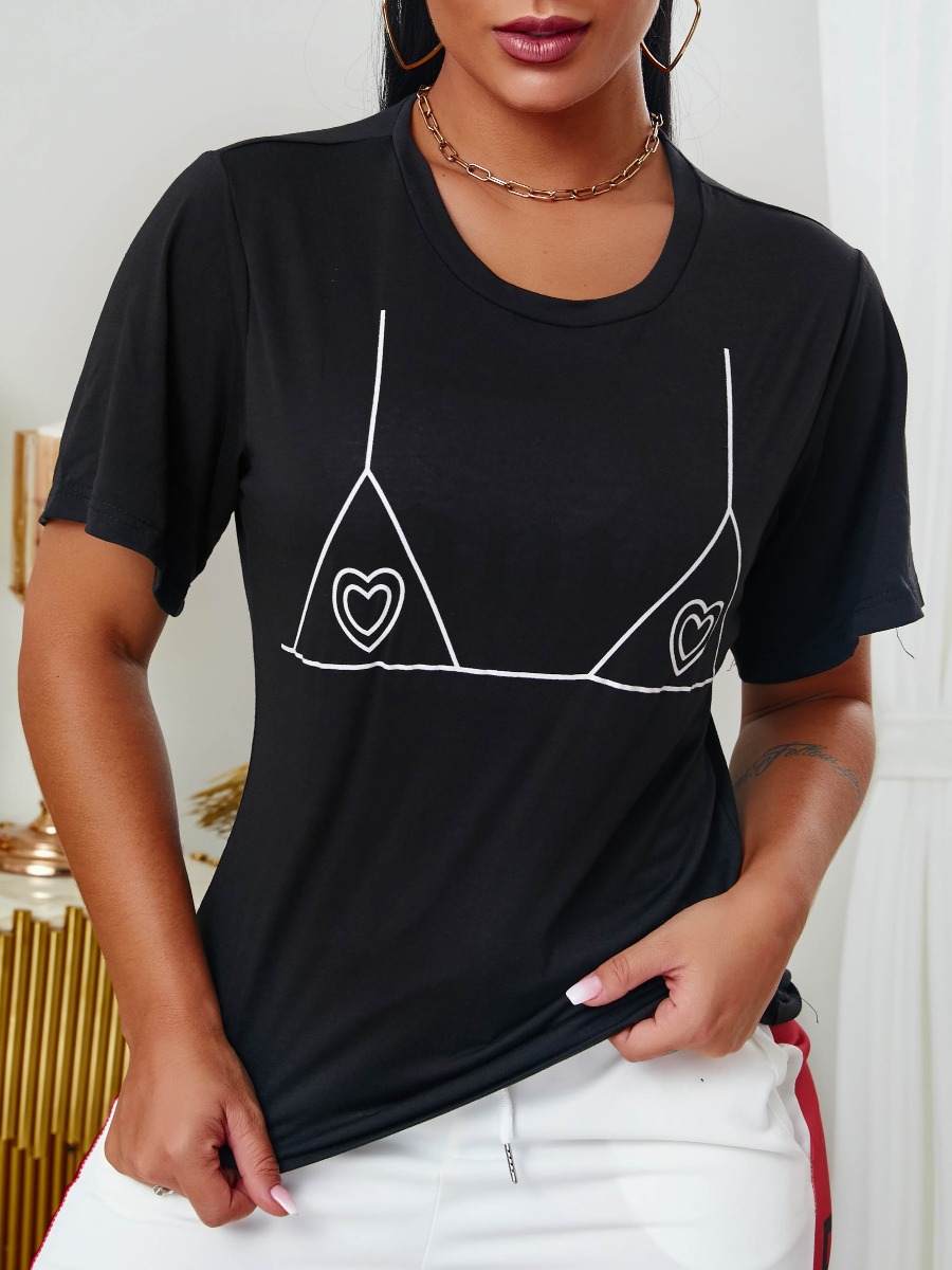 

lovely Casual O Neck Print Black T-shirt