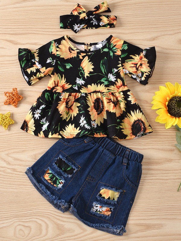 

lovely Sweet Floral Print Black Girl Two-piece Shorts Set