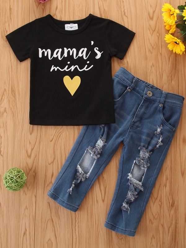 

lovely Casual O Neck Letter Print Black Girl Two-piece Pants Set