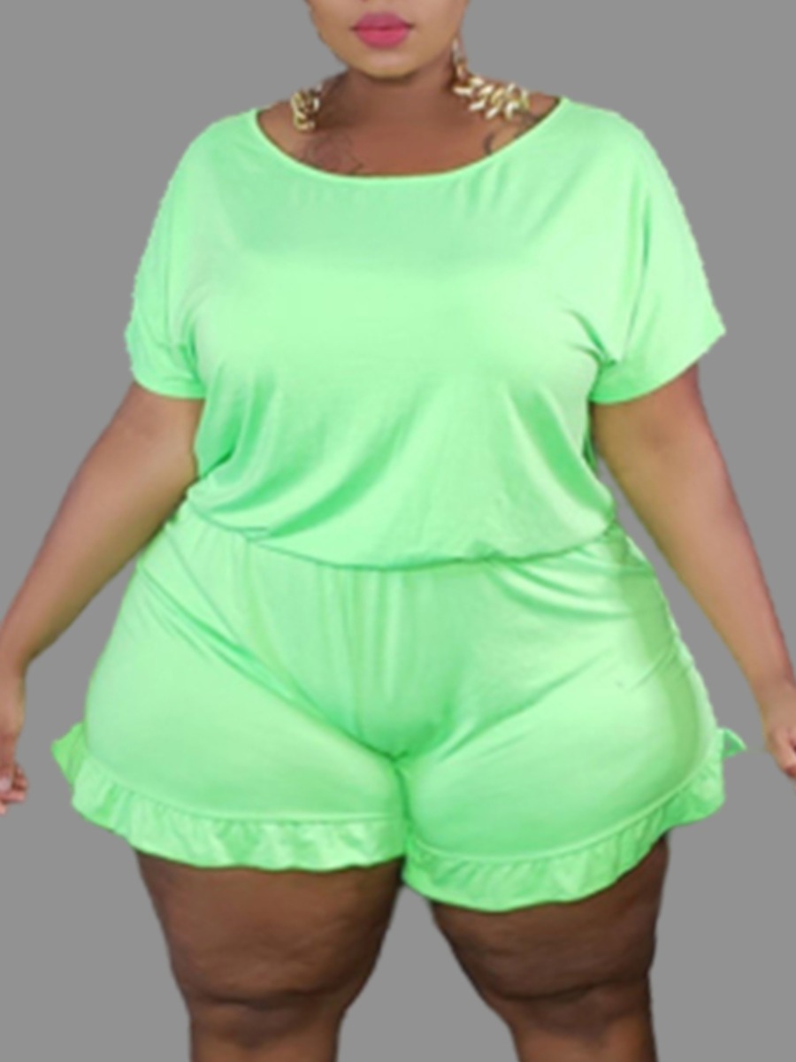 

lovely Leisure O Neck Flounce Design Green Plus Size One-piece Romper