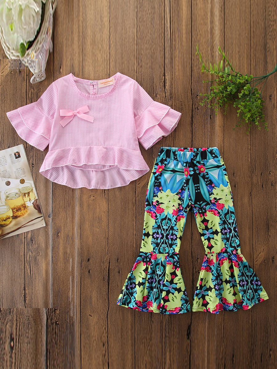 

lovely Sweet O Neck Print Pink Girl Two-piece Pants Set