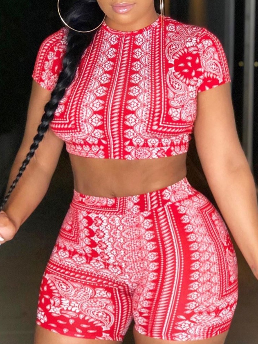 

lovely Casual O Neck Print Red Two Piece Shorts Set