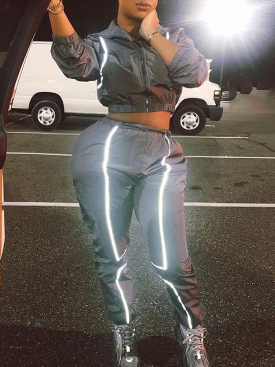 

lovely Sportswear Patchwork Grey Plus Size Two-piece Pants Set