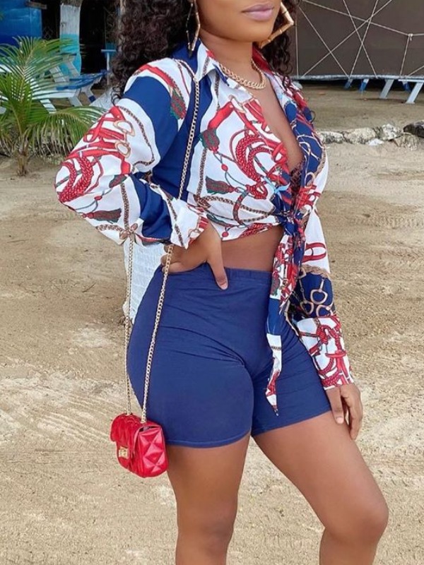 

lovely Euramerican Print Knot Design Dark Blue Two Piece Shorts Set