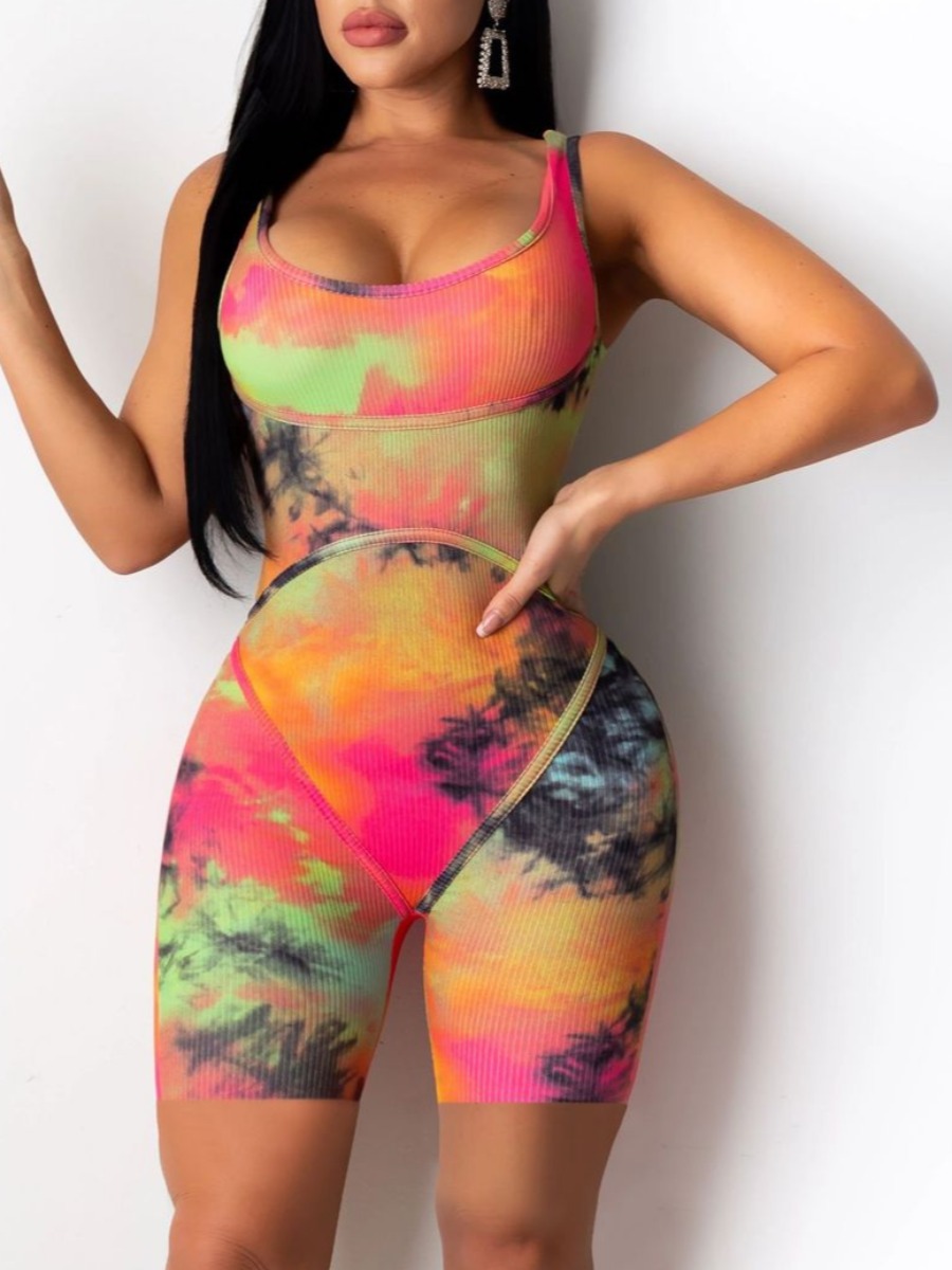 

lovely Stylish U Neck Tie-dye Pink One-piece Romper