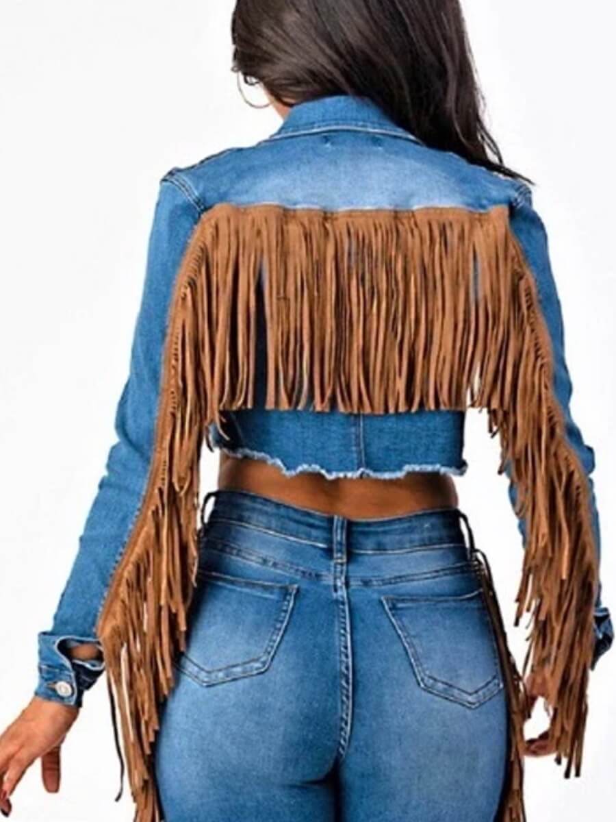 

Lovely Street Turndown Collar Tassel Design Blue Denim Jacket