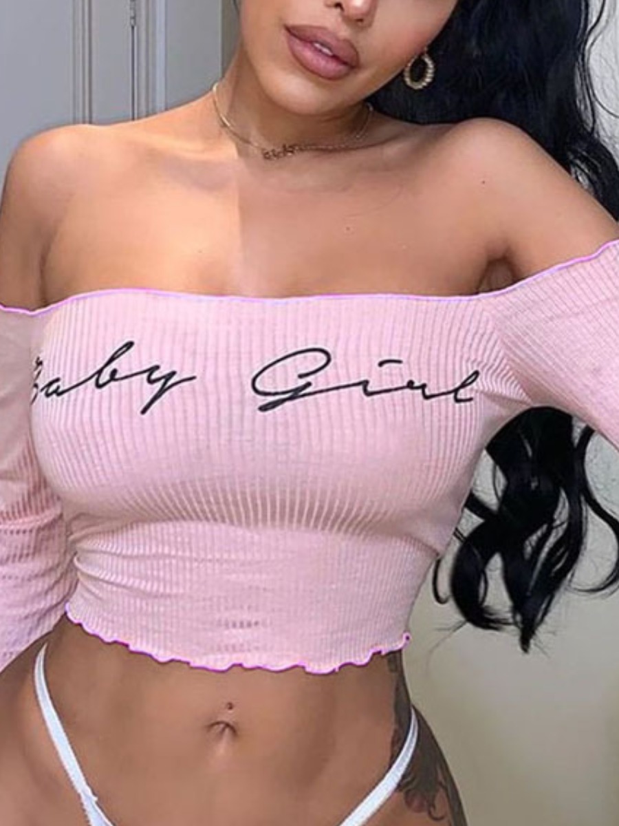

lovely Street Dew Shoulder Letter Pink Blouse