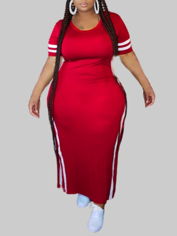 

lovely Casual O Neck Patchwork Bright Red Ankle Length Plus Size Dress