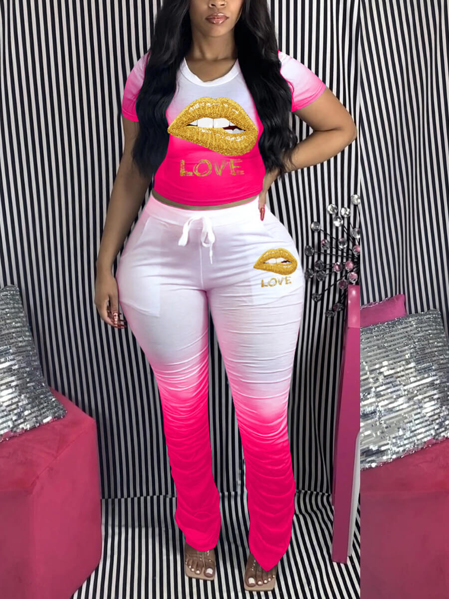 

LW Plus Size Sportswear O Neck Print Fold Design Pink Two-piece Pants Set
