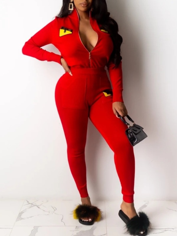 

Lovely Sportswear Print Zipper Design Red Two Piece Pants Set