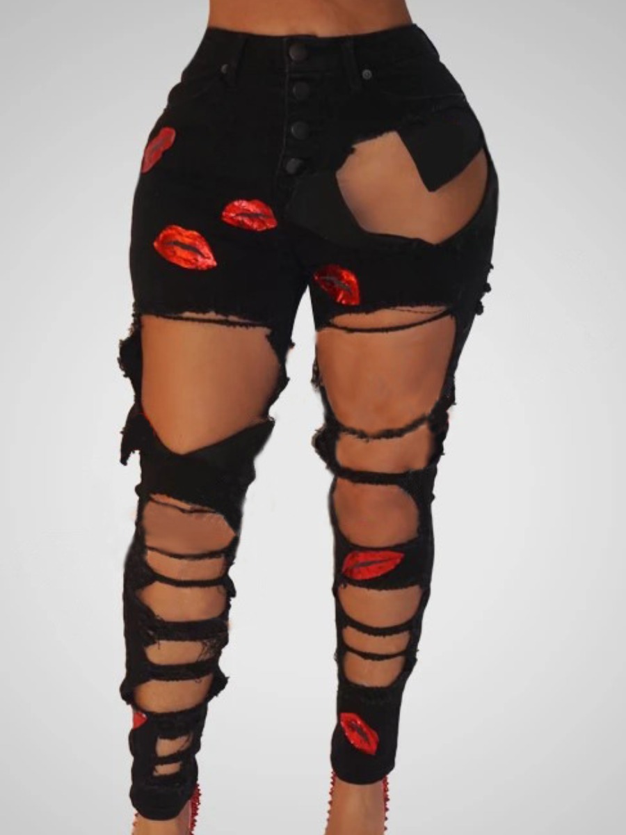 

lovely Street Hollow-out Black Jeans