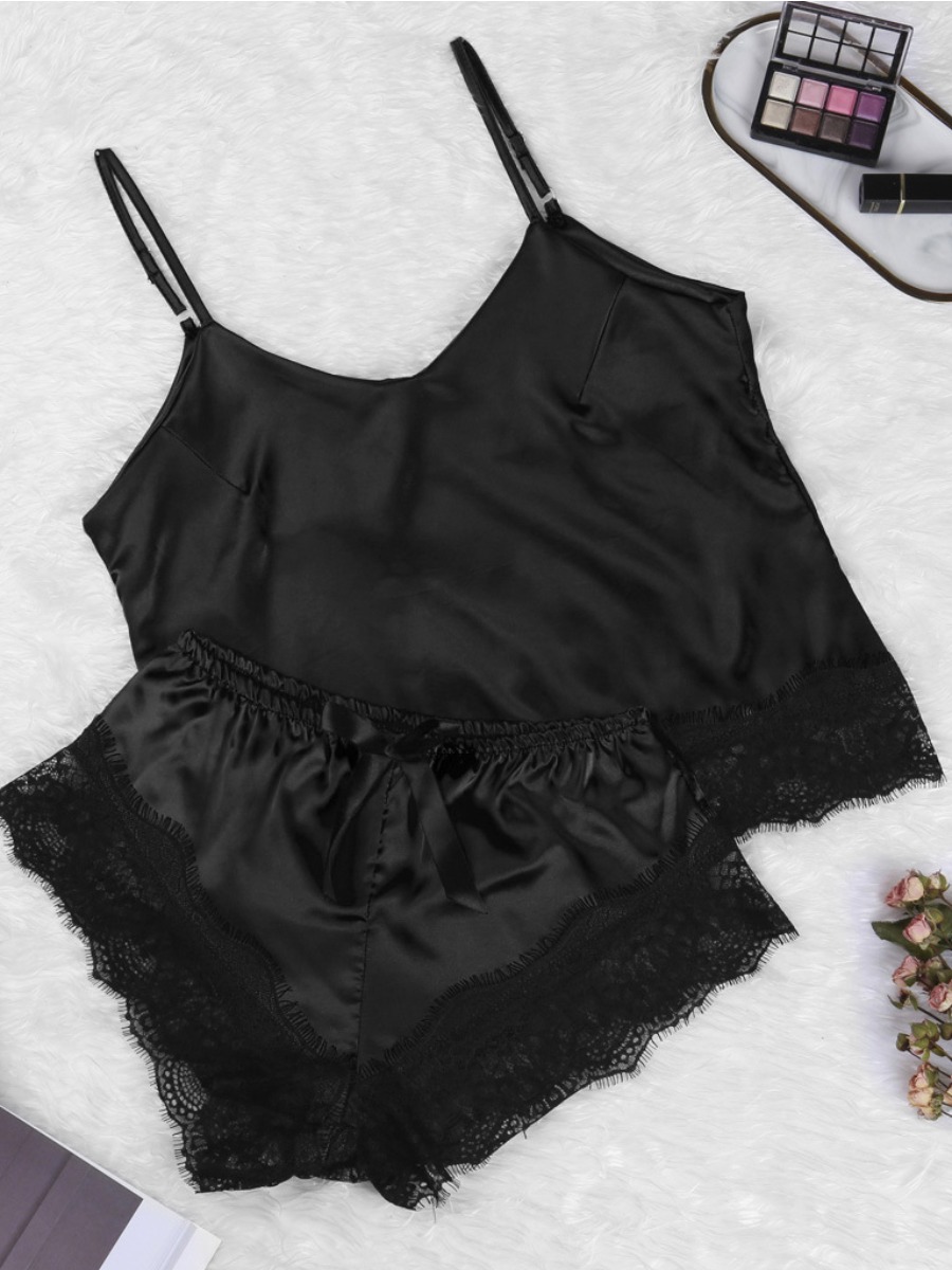 

lovely Sexy Lace Hem Black Sleepwear