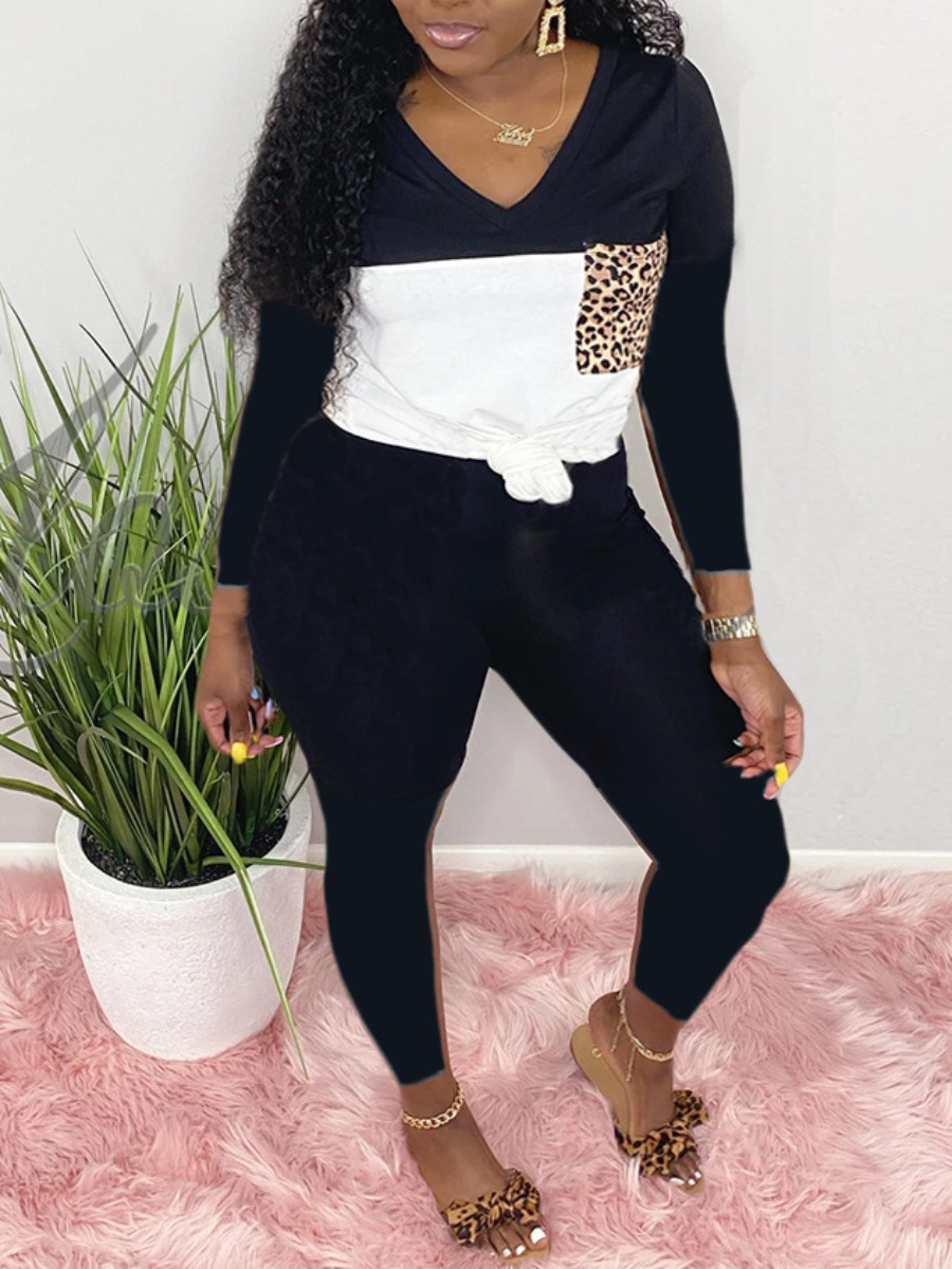 

lovely Casual V Neck Patchwork Black Plus Size Two-piece Pants Set