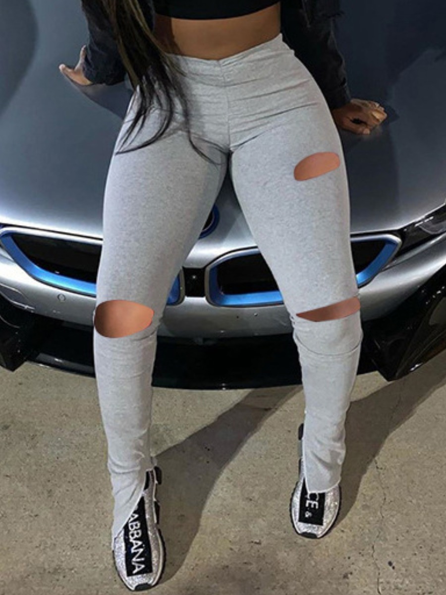 

lovely Casual Broken Holes Grey Pants