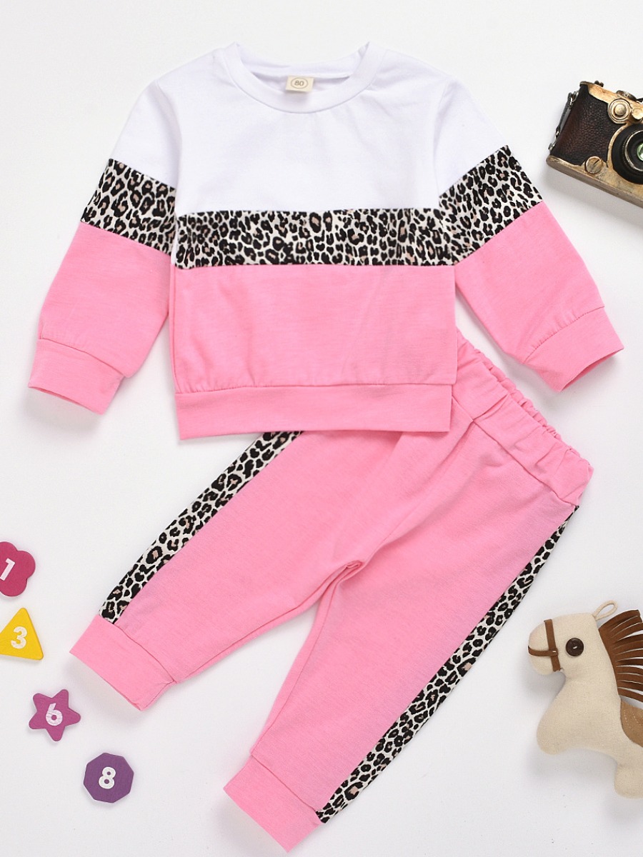 

lovely Casual O Neck Print Patchwork Pink Girl Two-piece Pants Set