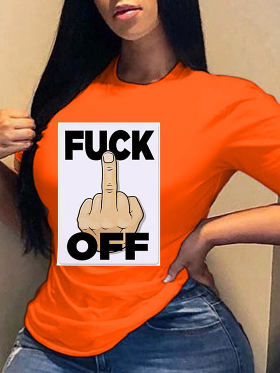 

lovely Casual O Neck Print Orange Plus Size T-shirt