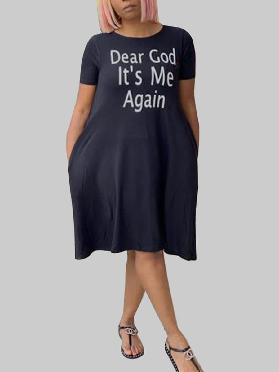 

Lovely Plus Size Casual O Neck Letter Print Black Knee Length Dress